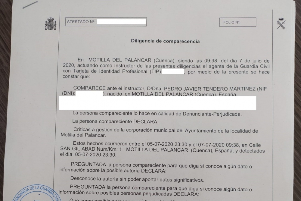 El alcalde de Motilla denuncia ante la Guardia Civil la aparicin de annimos que contienen acusaciones difamatorias hacia su persona